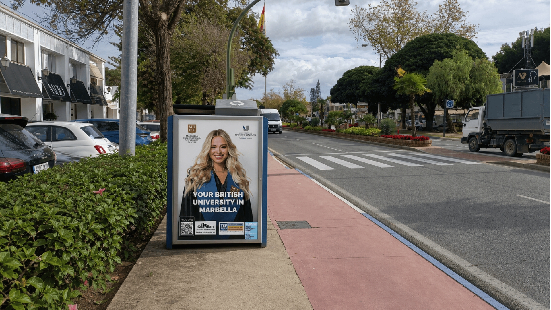 Advertising mupi on Avenue Boulevard Principe Alfonso de Hohenlohe, Golden Mile